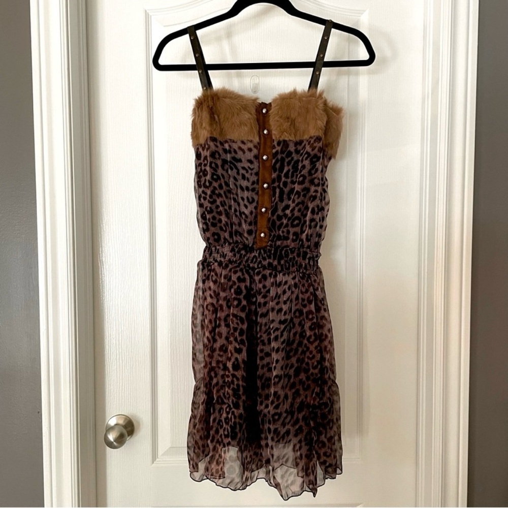 Y2K Happyberry Korea Brown Leopard Dress Faux Fur Gold Buttons Garter